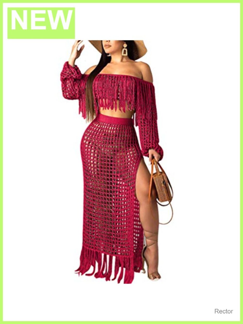 Crochet Off Shoulder Crop Top & Fringe Maxi Skirt 2 Piece Set